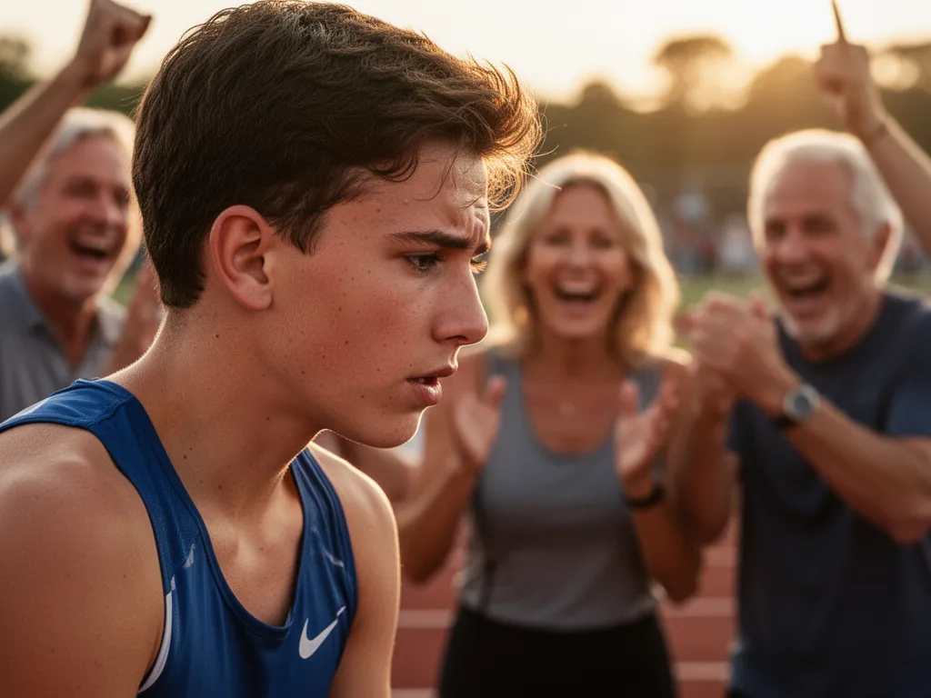 Young athlete's concentrated face during competition with supportive parents celebrating blurred in background warmly