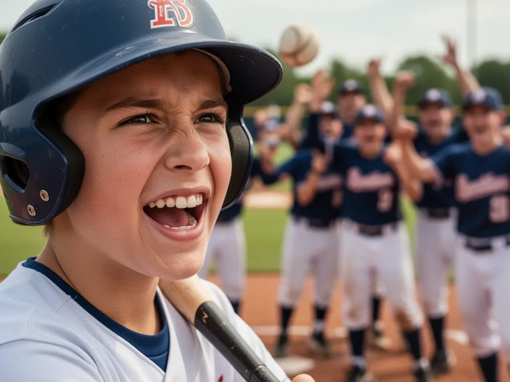 Young player's proud expression after successful hit with celebrating teammates behind