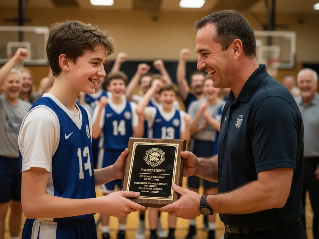 Coach presenting custom plaque award to proud young athlete with celebrating team members visible in background
