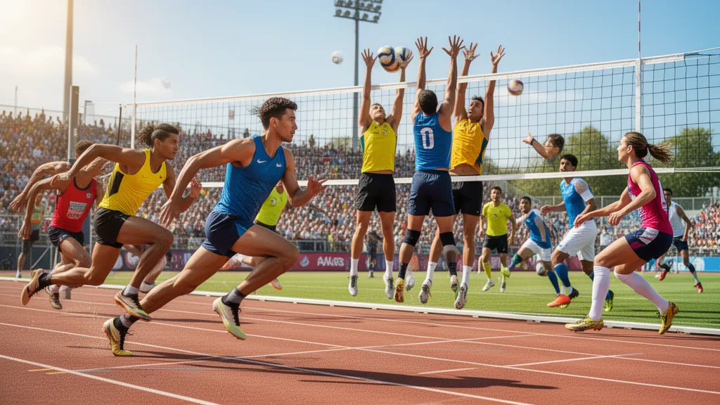 Multiple athletes in action across different sports competing with dynamic energy and motion outdoors