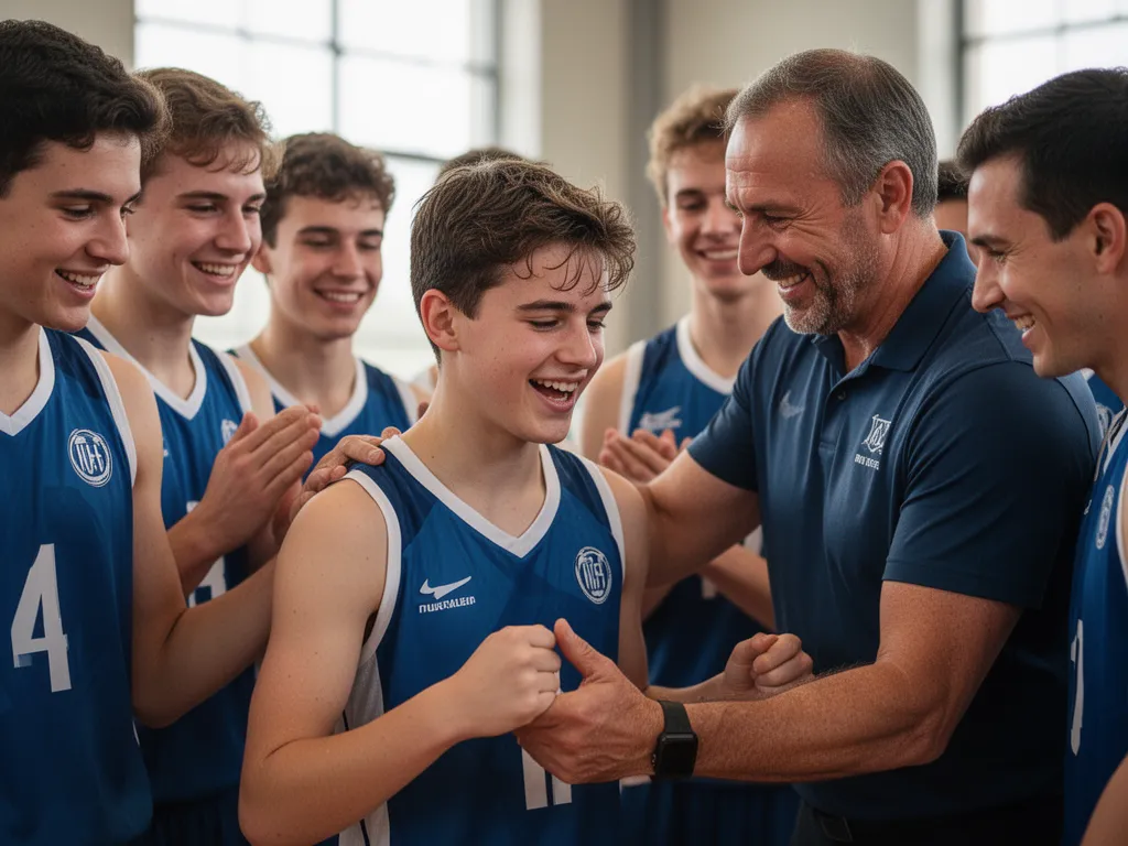 Young athlete smiling while receiving recognition from coach and teammates in supportive celebration moment