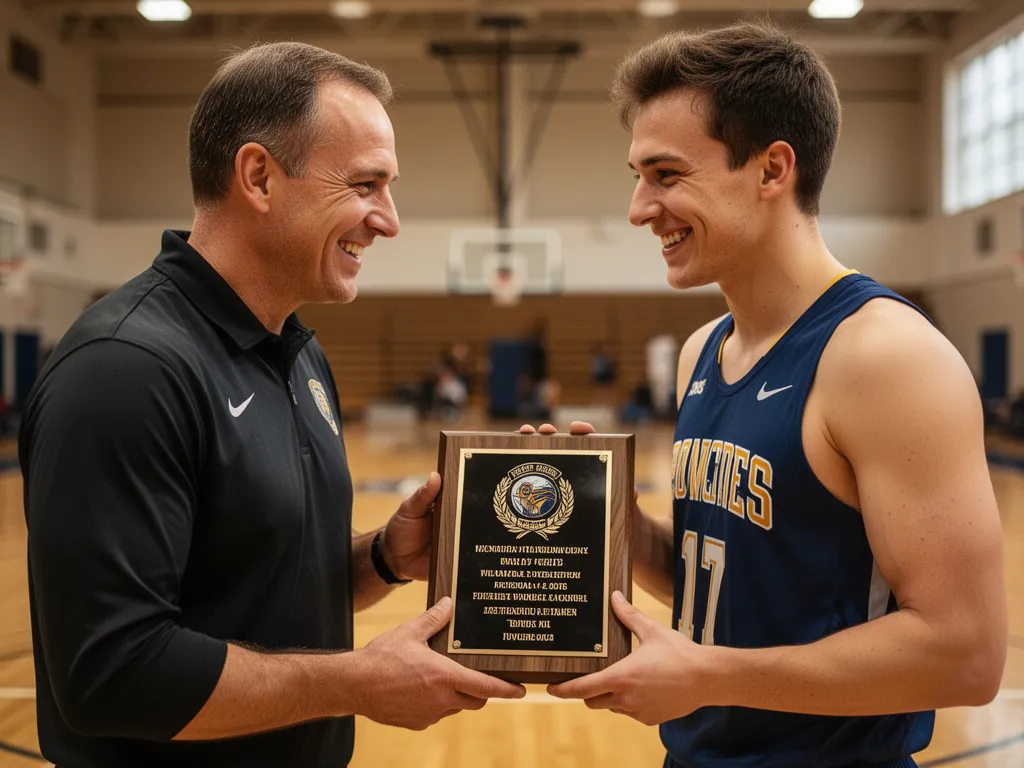 Coach presenting commemorative plaque to athlete with proud emotional expressions in gymnasium