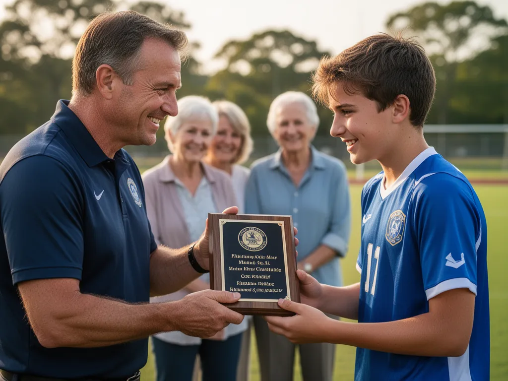 [Coach presenting plaque award to young athlete with parents celebrating in background]