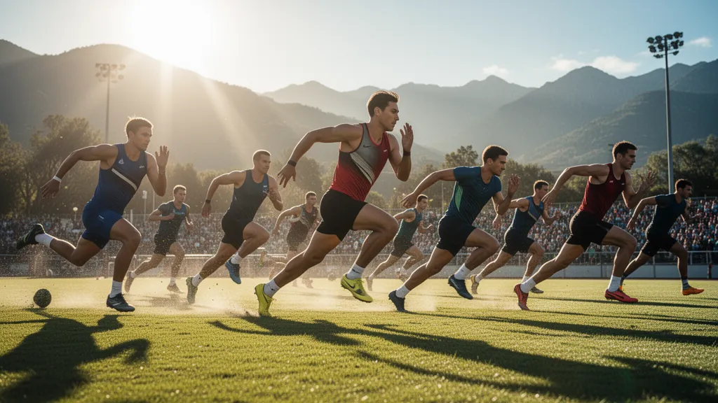 Multiple athletes in dynamic outdoor competition under natural sunlight during intense sporting action