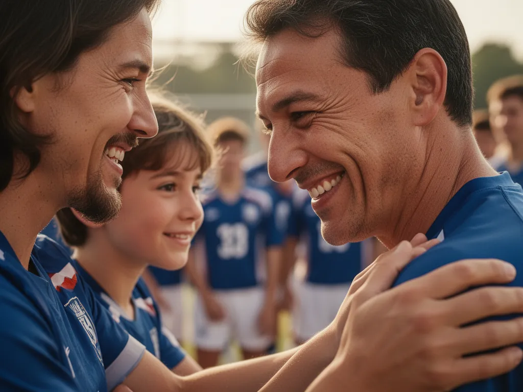 Parent and young athlete share proud emotional moment together during sports recognition