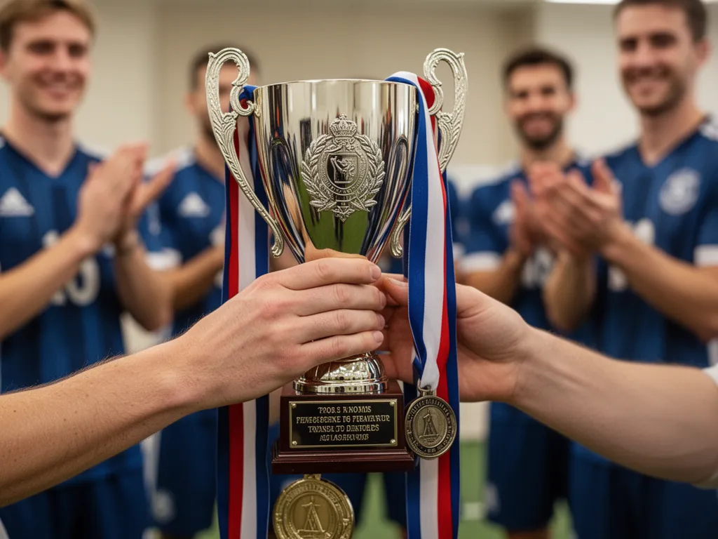Hands holding shiny trophy and medal with celebrating teammates blurred in background