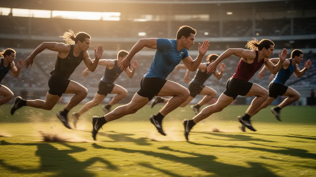 Athletes running at full speed across a bright outdoor field in competitive action