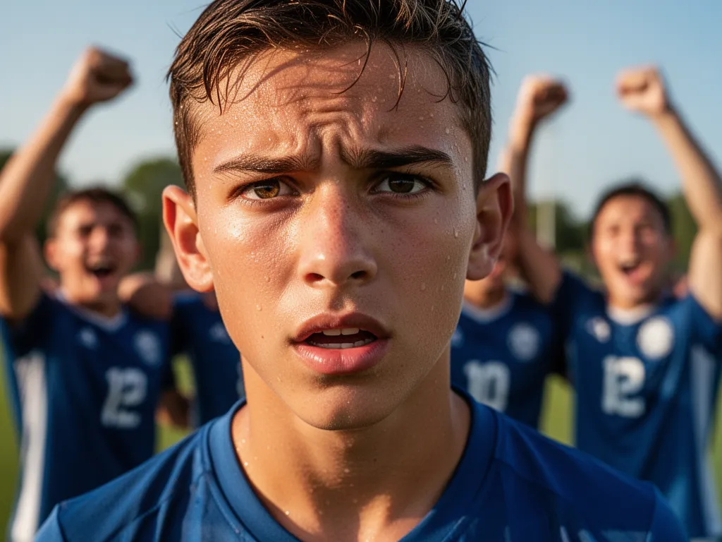 Close-up of athlete's determined face with celebrating teammates visible in soft focus behind