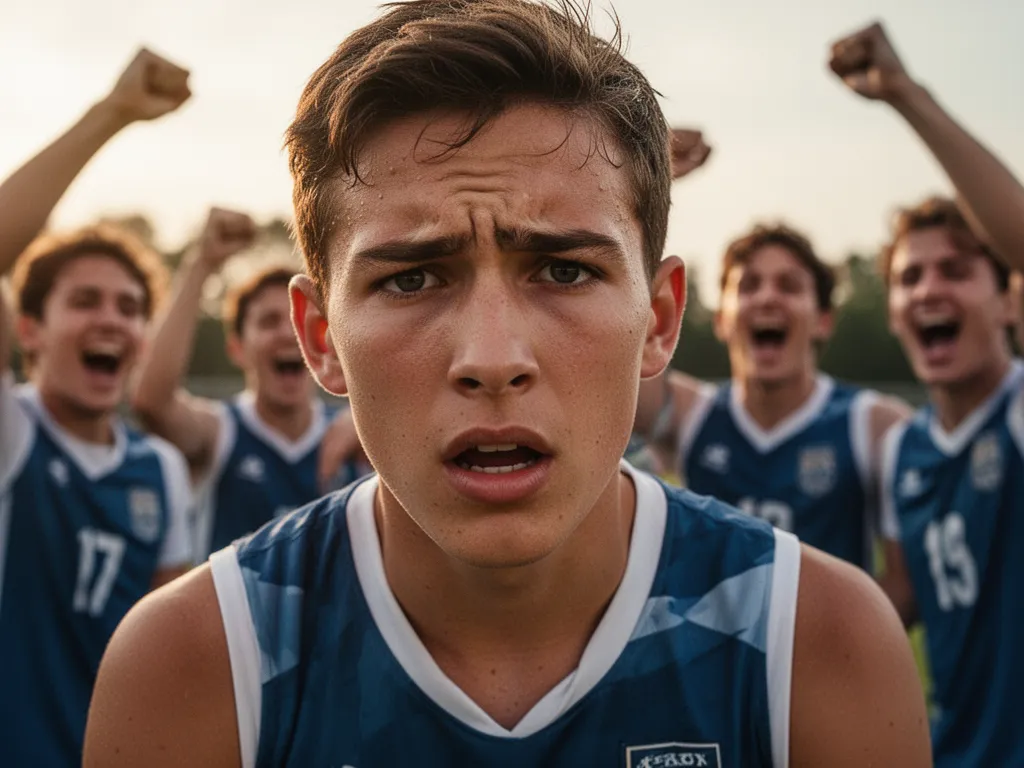 Young athlete's focused face with celebrating teammates and supporters visible in background