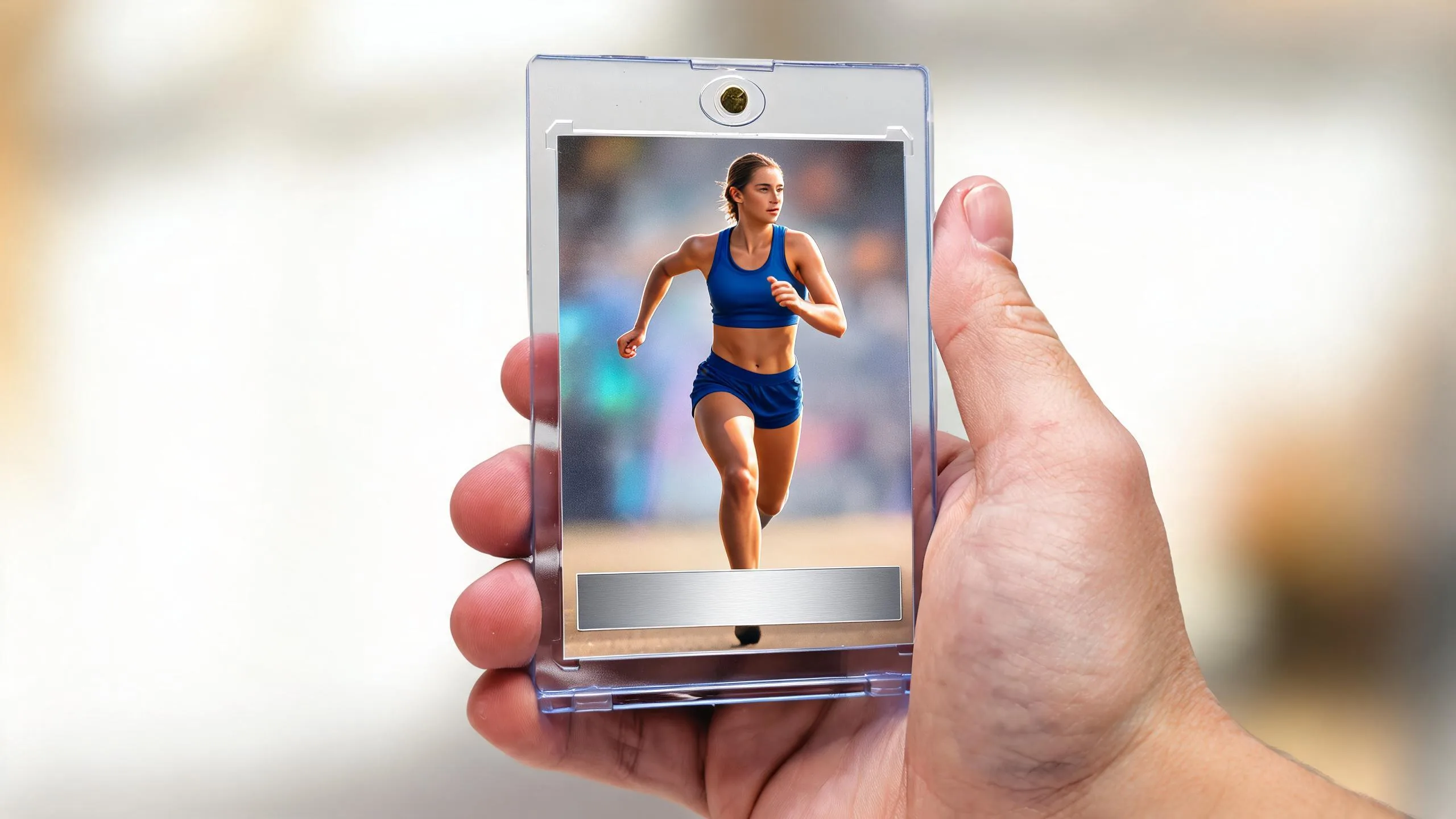 Hand holding magnetic case with athlete card, an example of player of the game award ideas.
