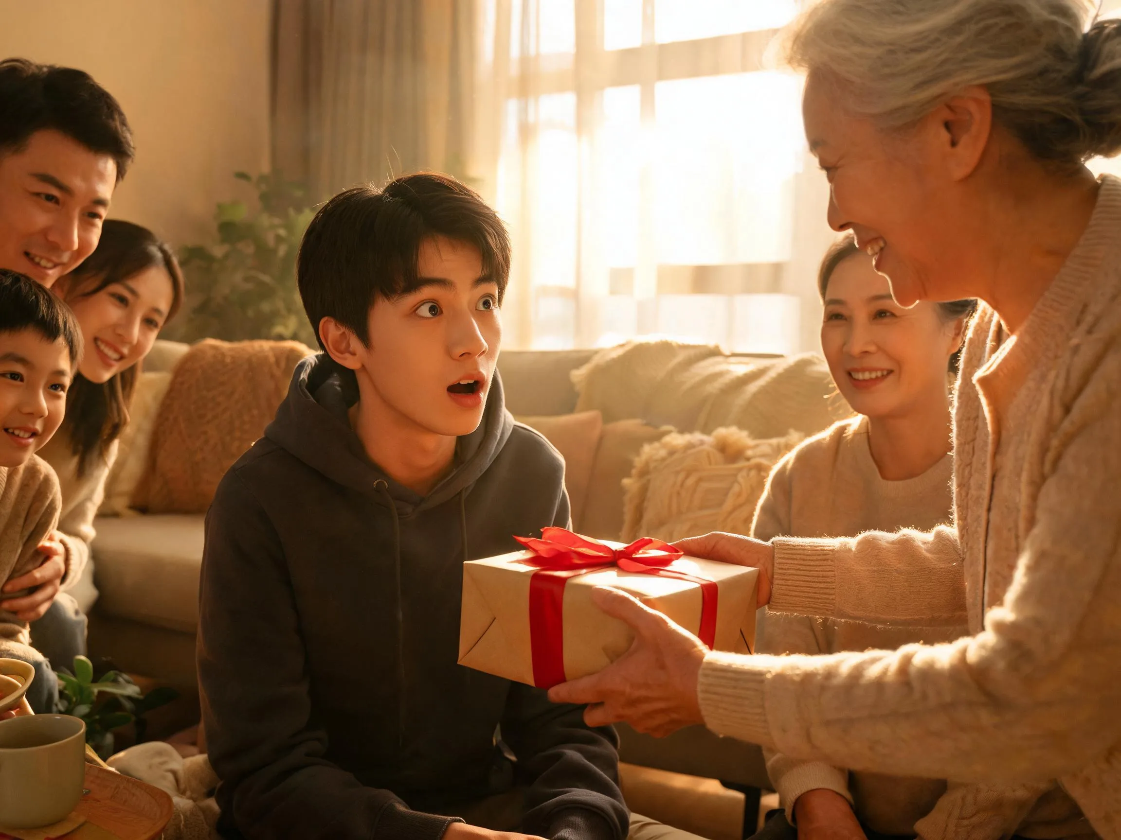Family member reacts with joyful surprise while receiving an unexpected wrapped gift indoors.