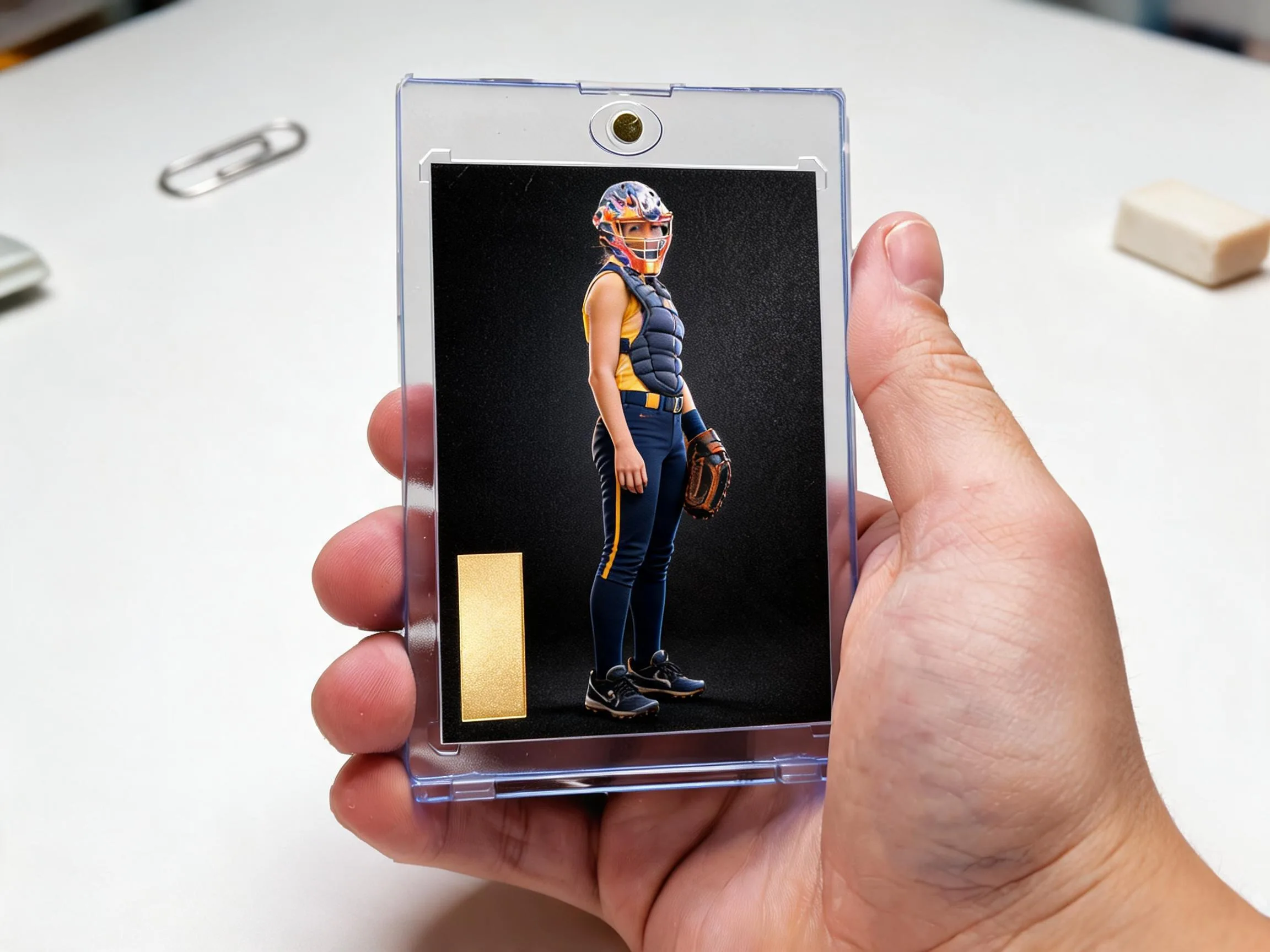 Custom keepsake trading card in a magnetic case resting on a white tabletop.