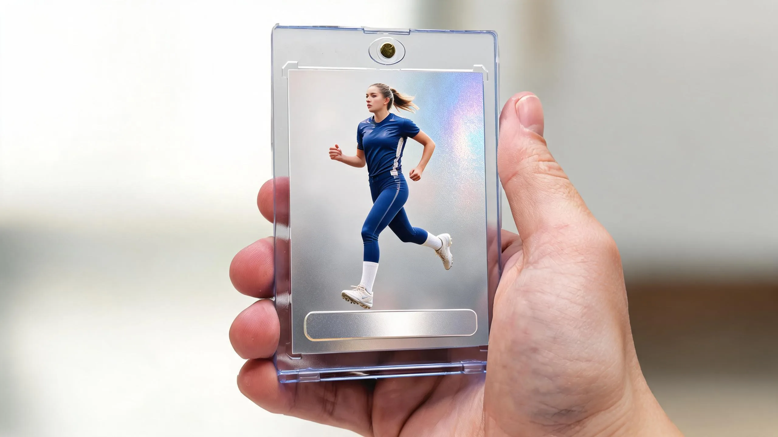 Hand holding magnetic case with player of the game graphic card, full-bleed action photo and foil bar.