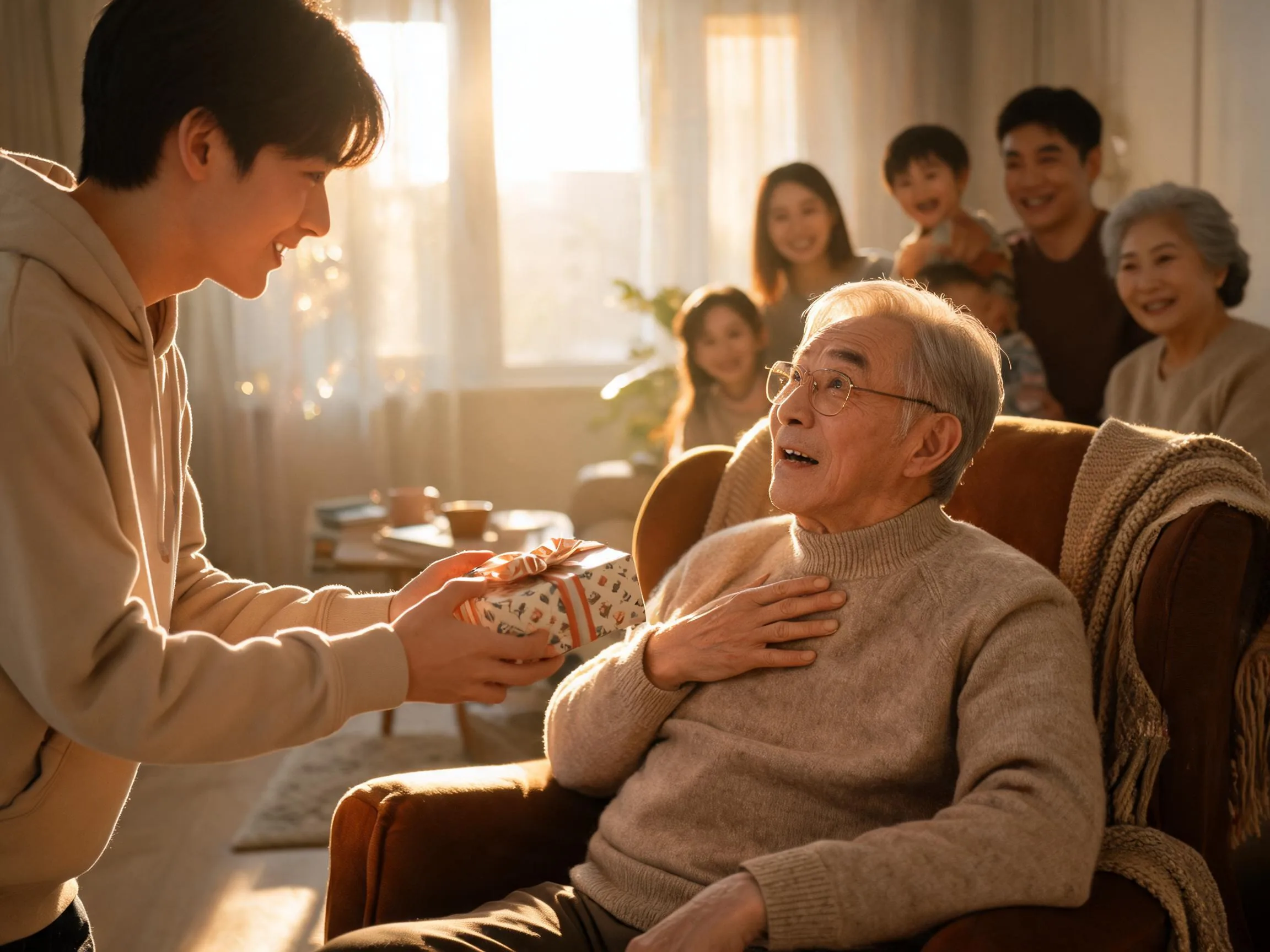 Grandfather reacting with genuine surprise as teenager hands him an unexpected gift.