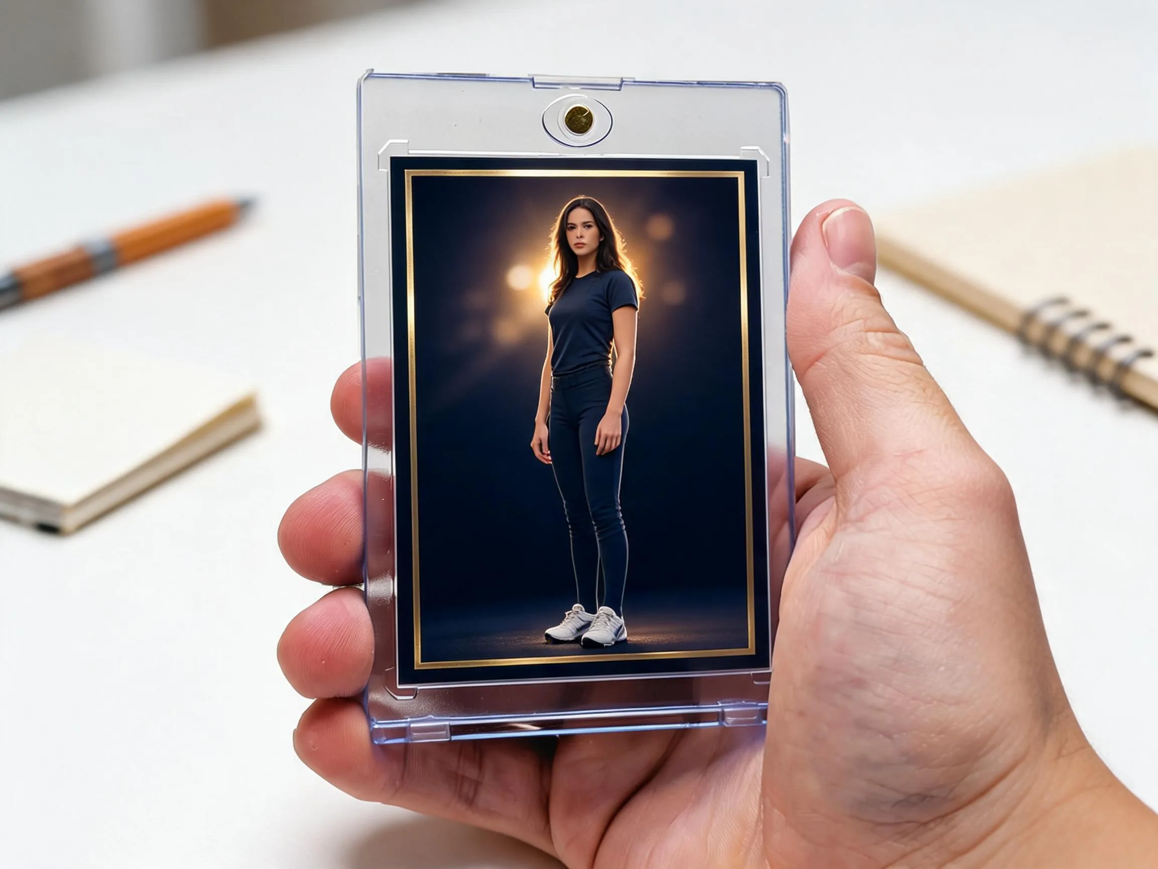 Custom keepsake trading card in magnetic case, stadium-night design, held in hand.