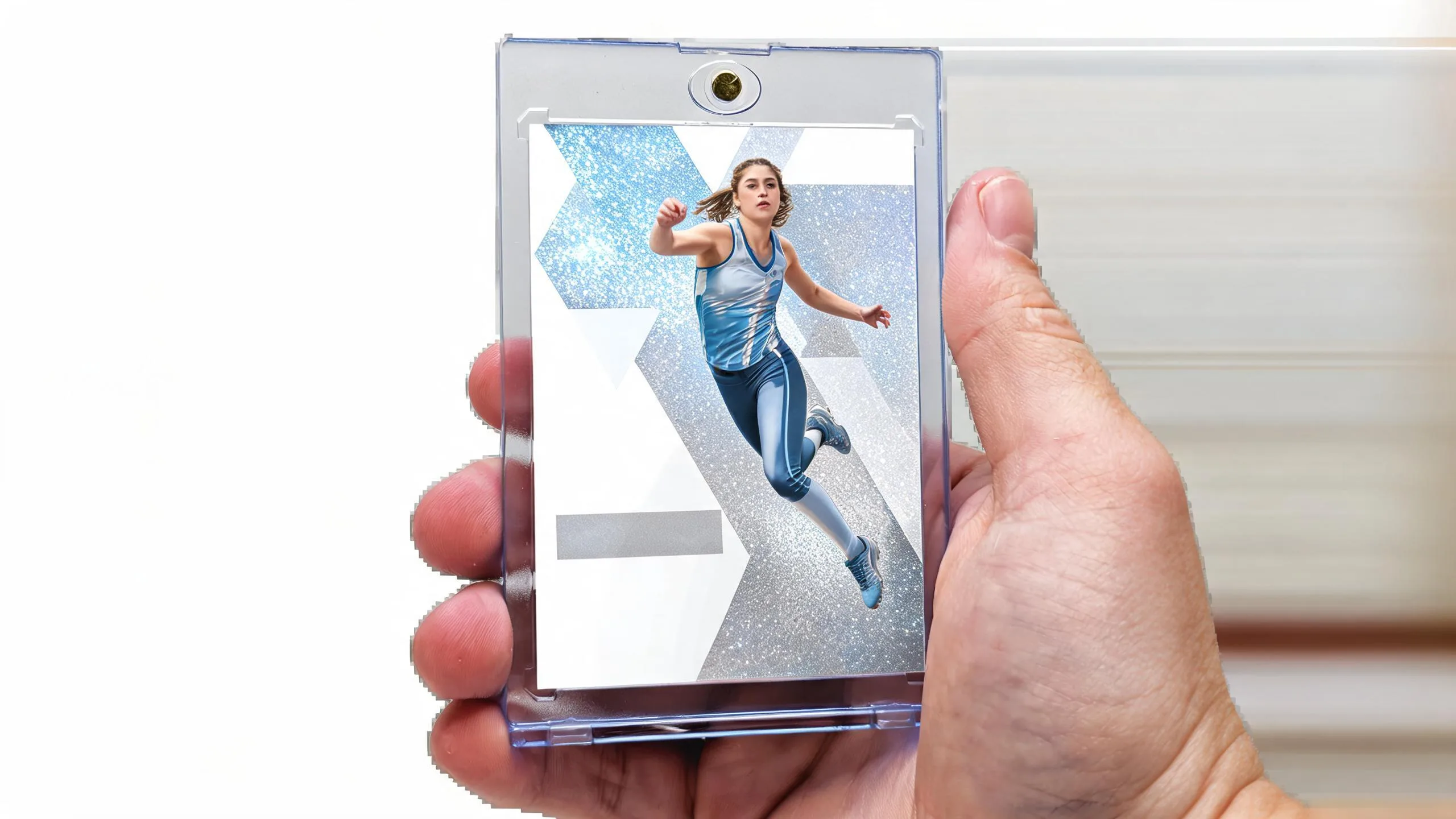 Hand holding a player of the game template card in a magnetic case, icy blue refractor design.