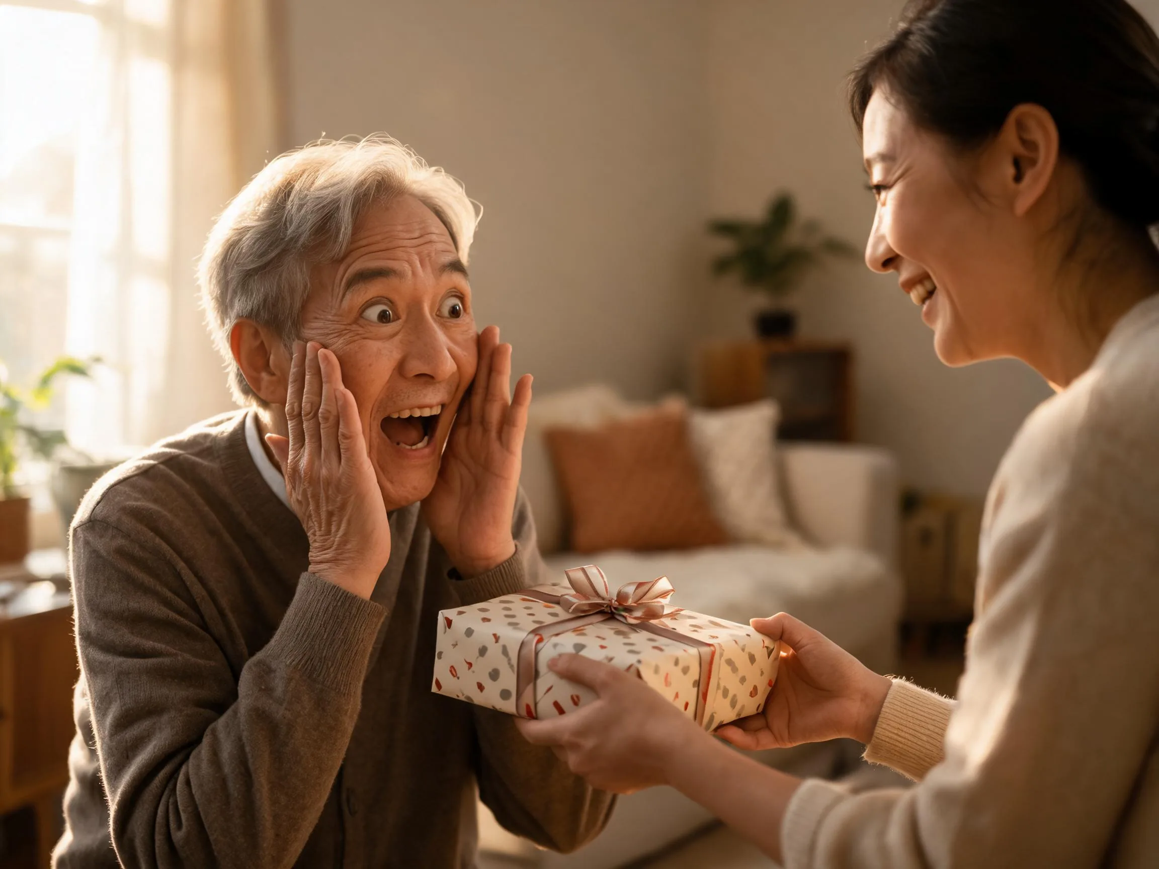 Person reacting with genuine surprise while being handed an unexpected gift indoors.