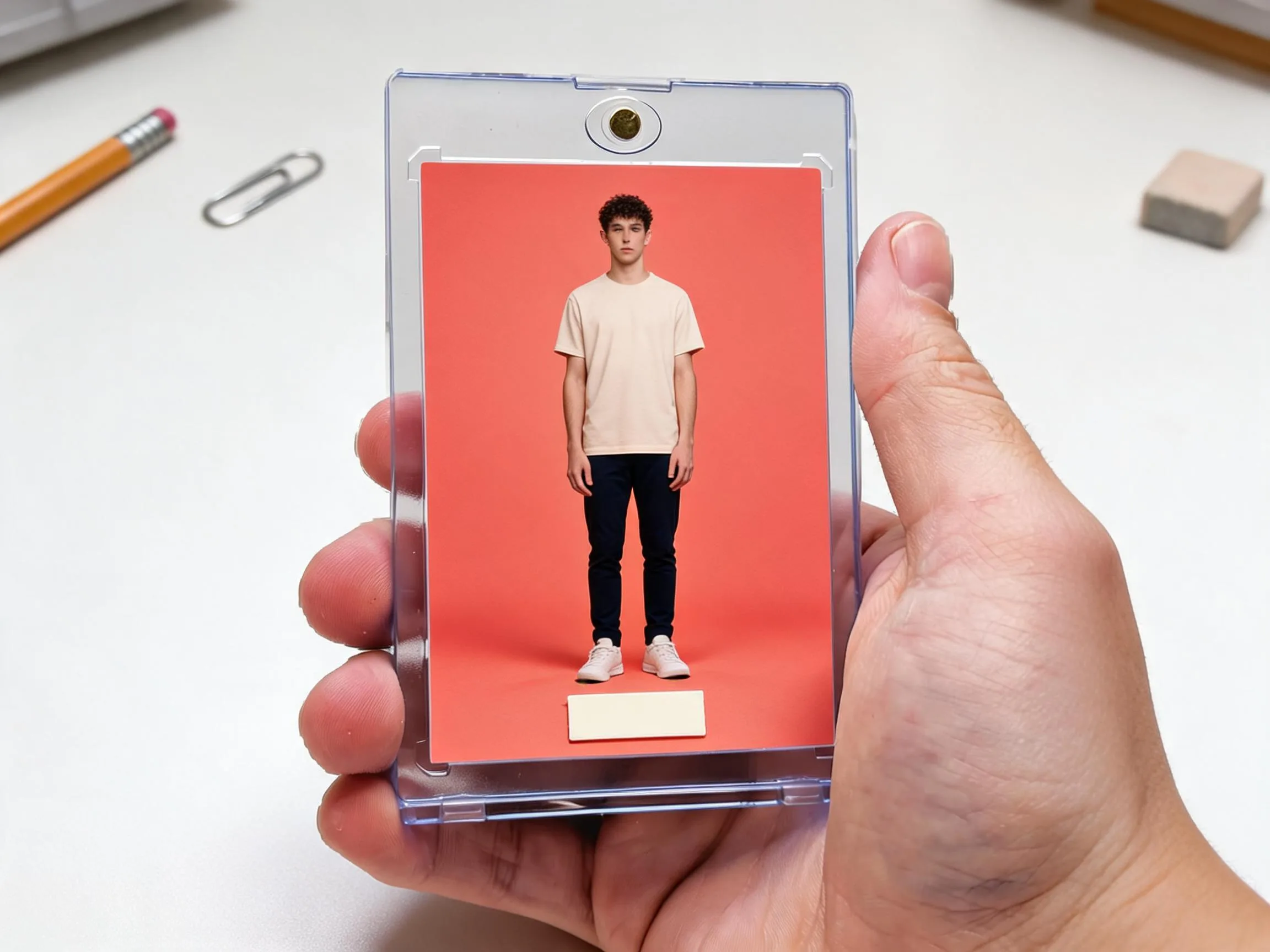 Custom keepsake trading card in a magnetic case, coral editorial-style design on white tabletop.
