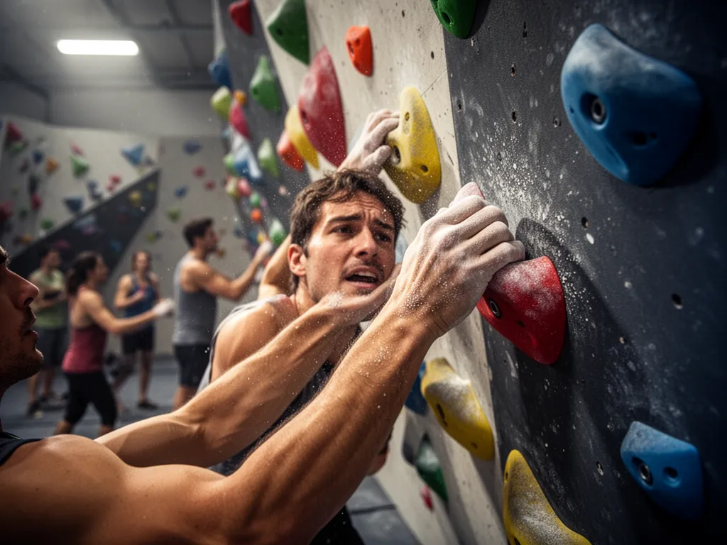 Rock climber's hands gripping wall holds with focused intensity and visible effort