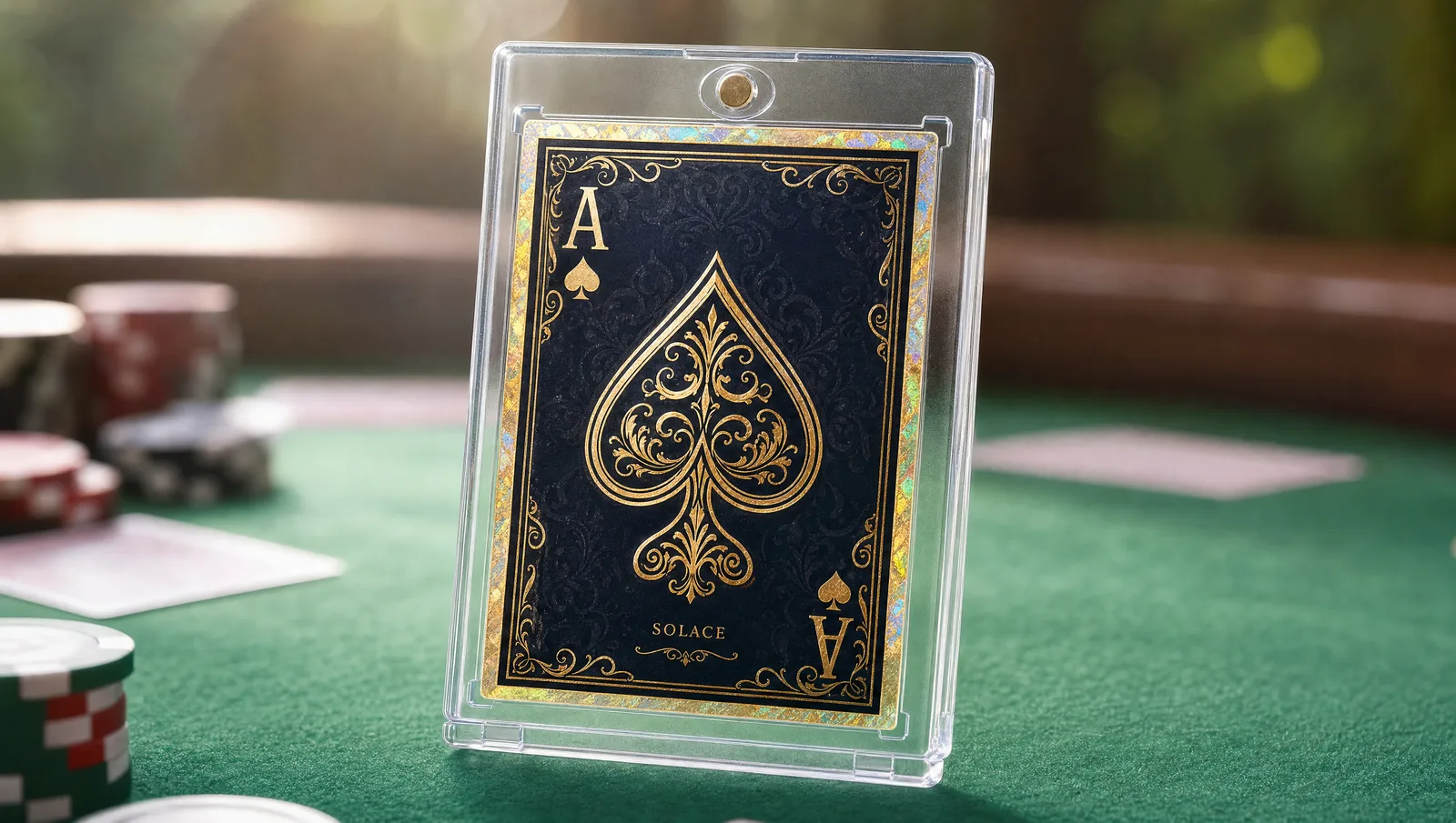 Custom playing card at standard poker dimensions in a magnetic display case
