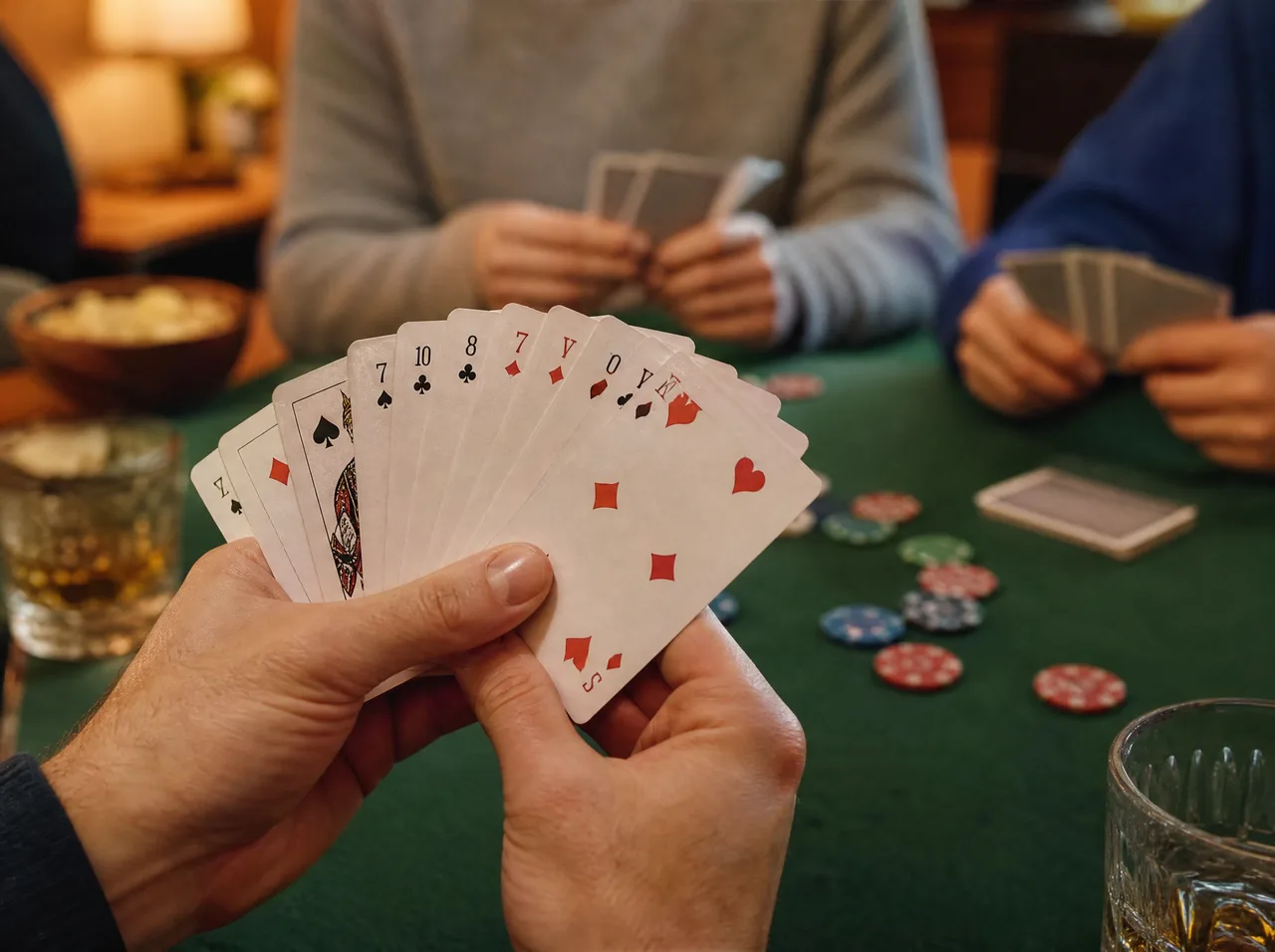 Hands holding a fanned hand of premium playing cards at a game table