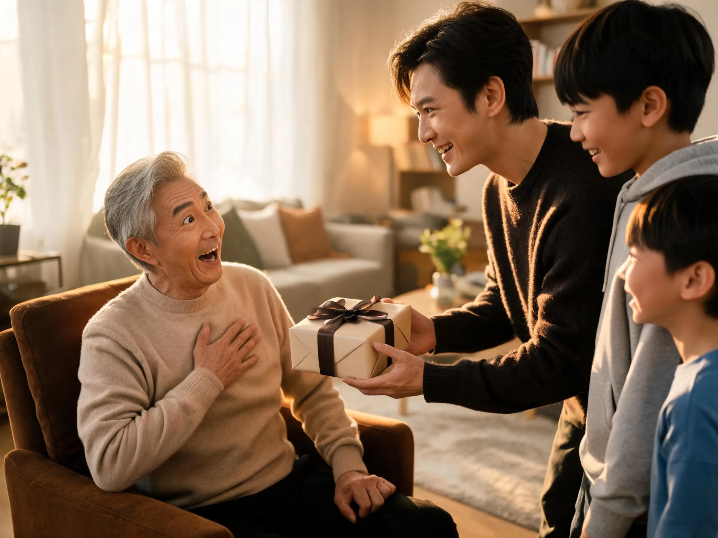 Older man reacts with joyful surprise as family hands him an unexpected gift indoors.