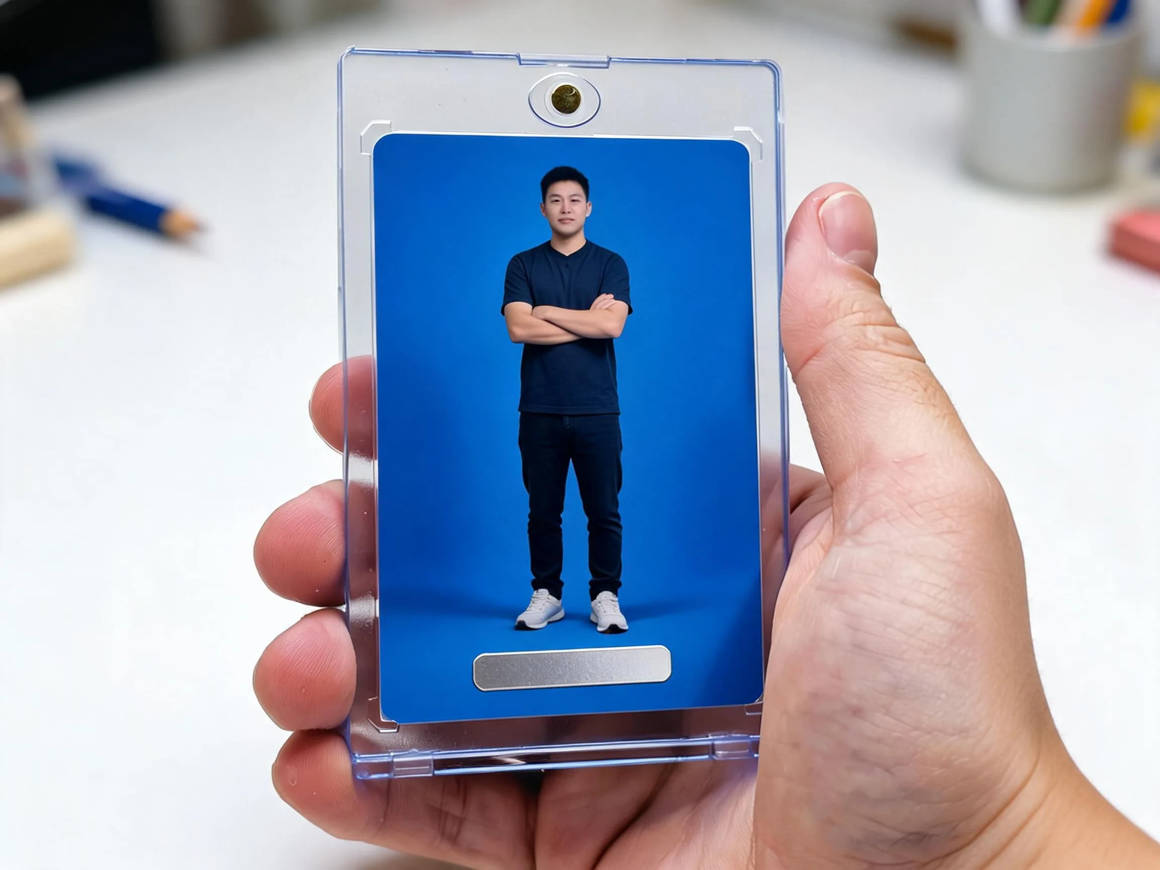 Custom keepsake trading card in clear magnetic case, blue editorial design, held in hand.
