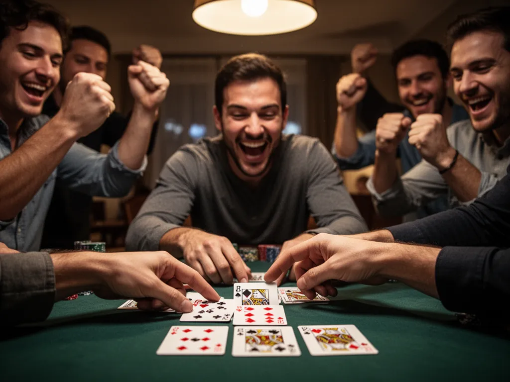 [Player's hands reveal winning cards as teammates celebrate with raised fists in background]