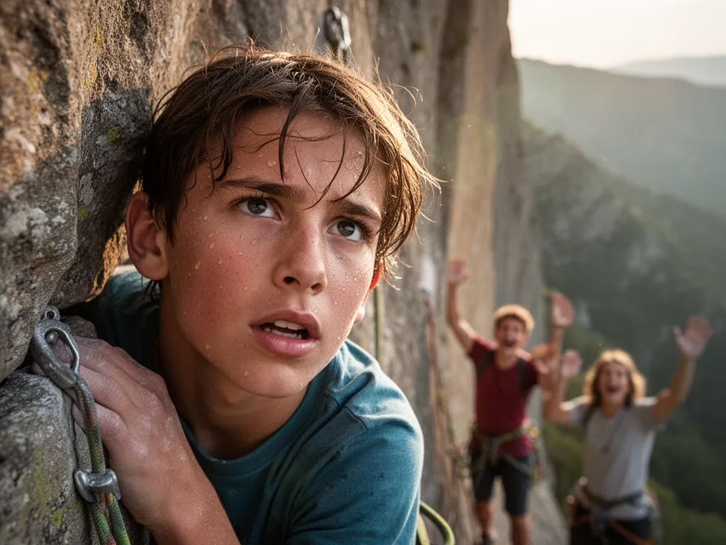[Young rock climber concentrating intensely while climbing with supportive family members watching from below]