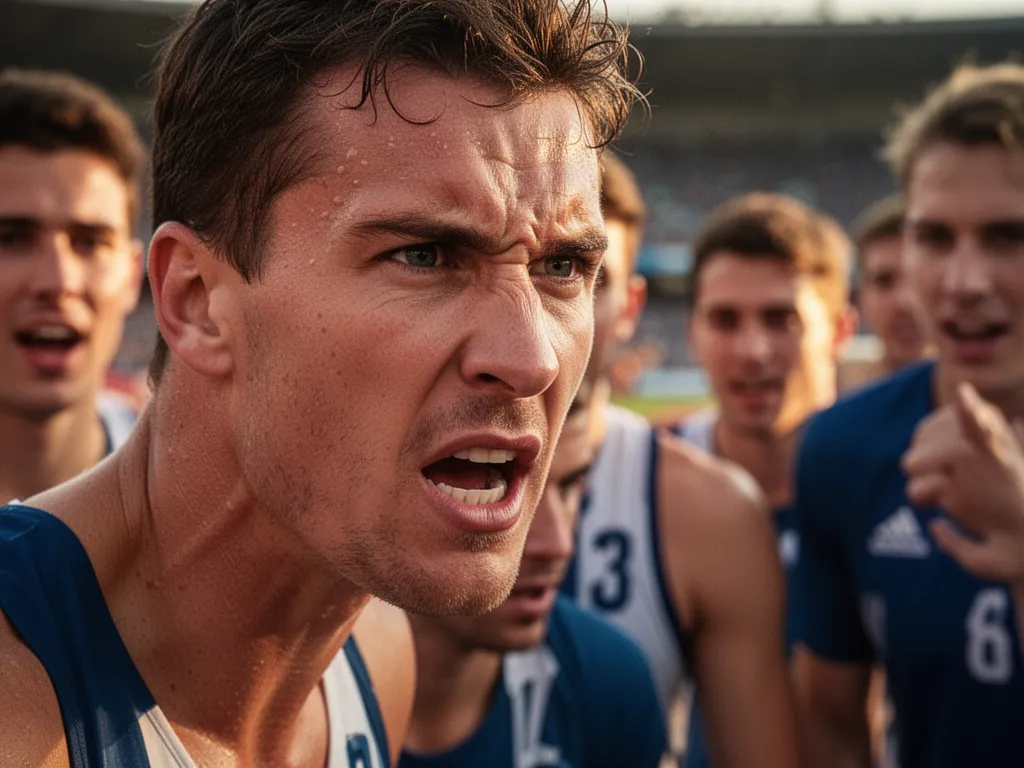 Athlete's focused face during competition with blurred teammates celebrating in background
