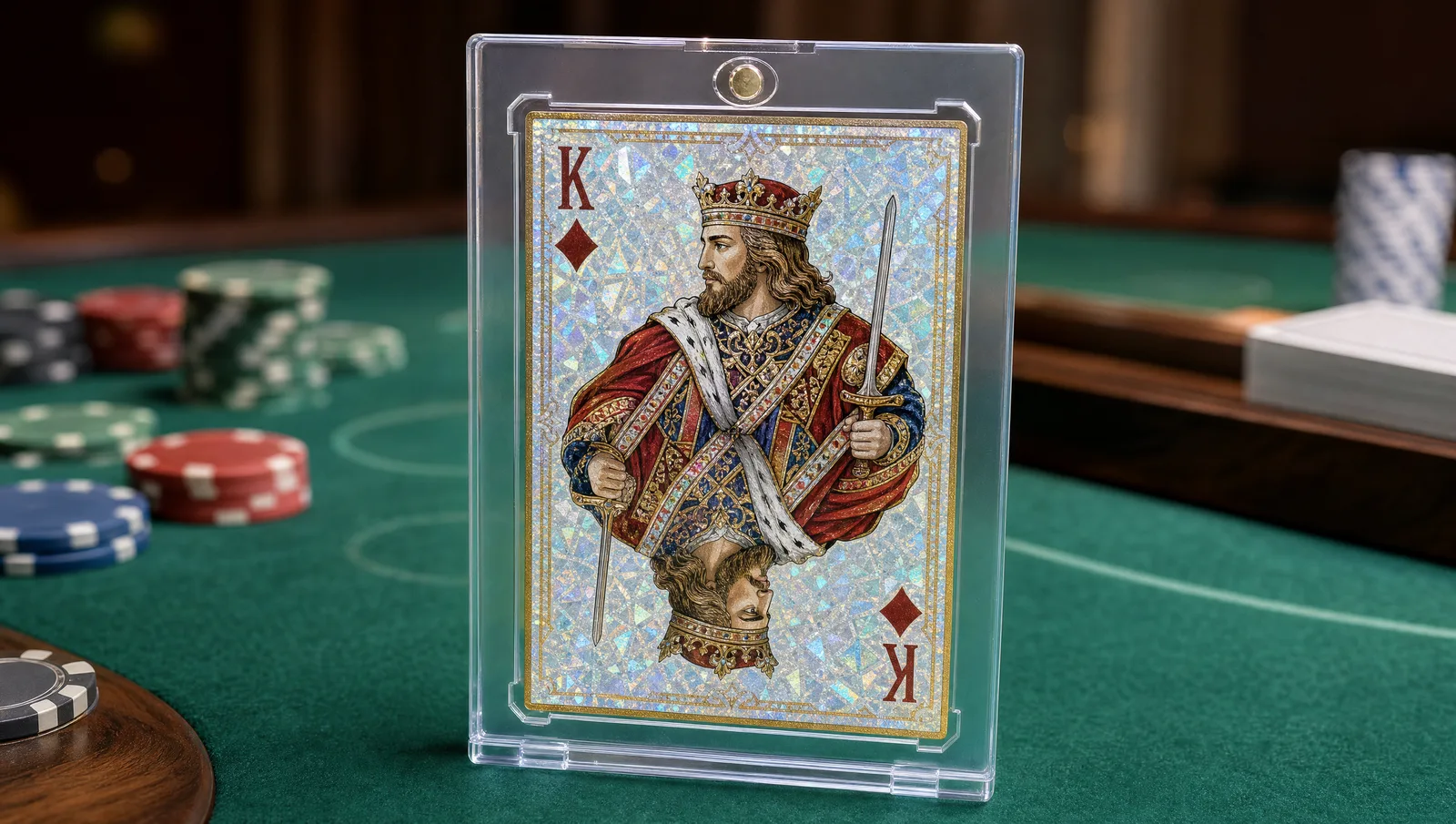 Custom playing card printer shown in a clear magnetic display case