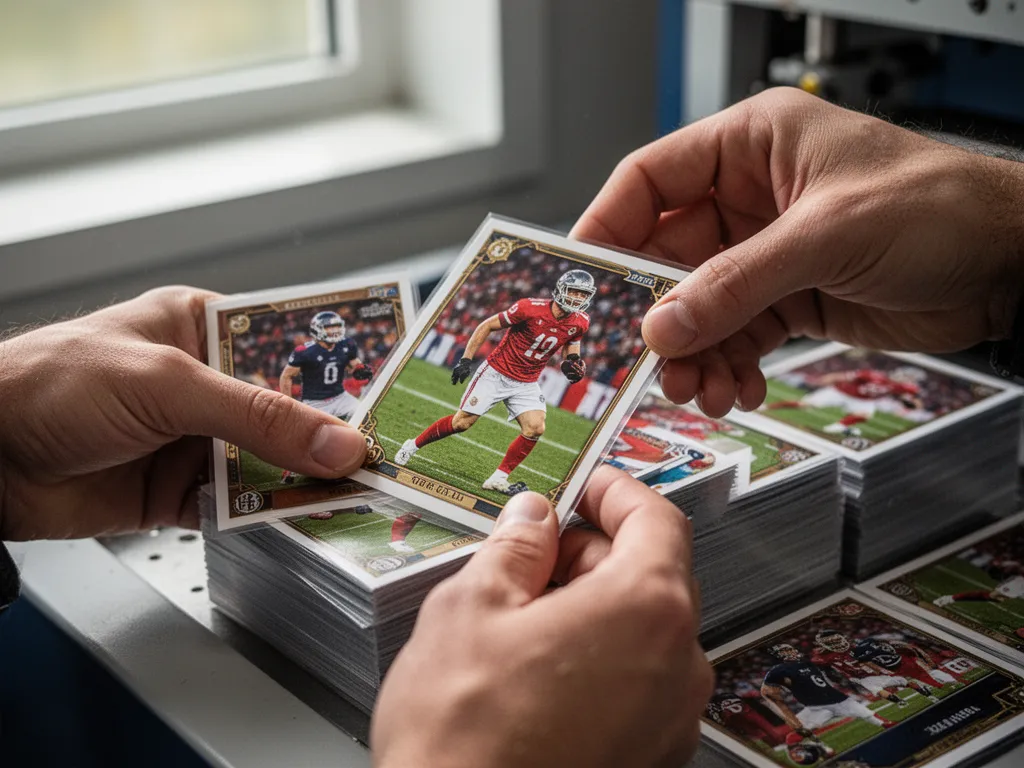 Technician carefully inspecting freshly printed sports cards with natural sunlight highlighting the card details