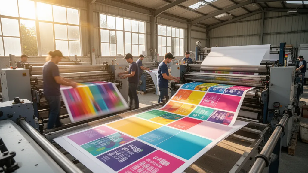 Industrial printing facility workers operating large-format card production machinery with colorful cardstock in motion under natural lighting