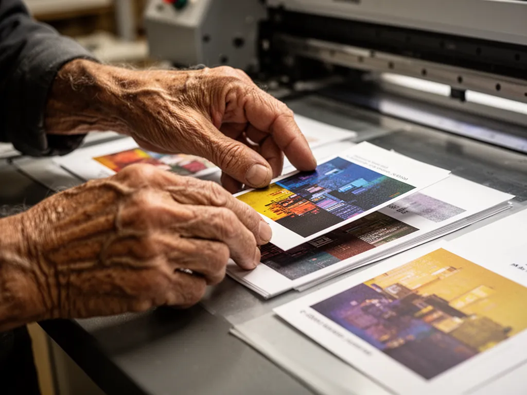 Skilled printer's hands inspecting freshly printed colorful cardstock sheets for quality and color accuracy