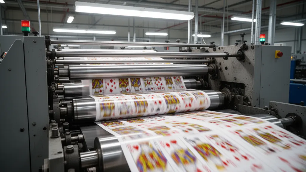 High-speed playing card printing machine processing colorful card sheets through industrial rollers
