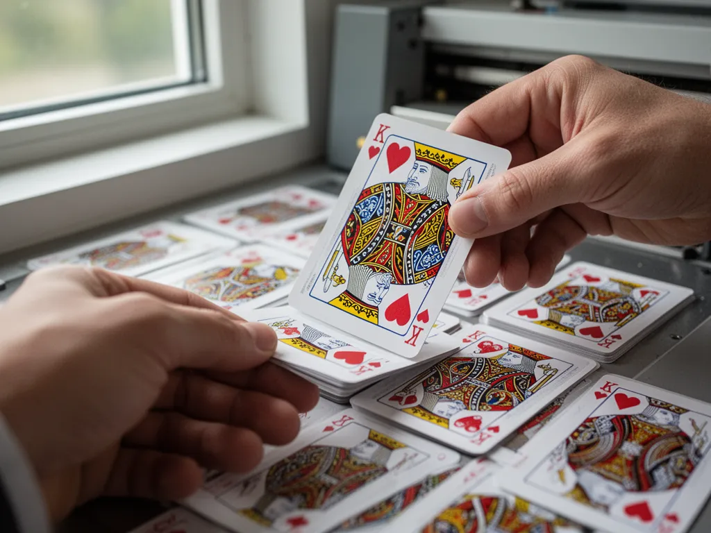 Technician carefully inspecting freshly printed colorful playing cards for quality control