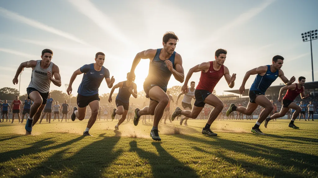 Multiple athletes in motion during outdoor sporting competition with natural lighting and dynamic energy