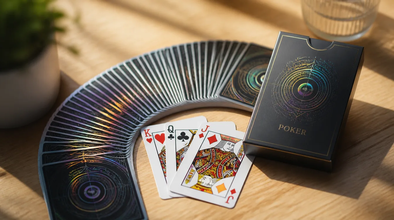 Custom playing card deck fanned out beside its tuck box