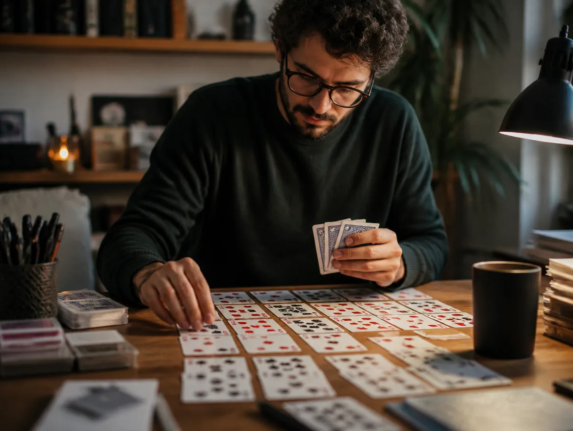 Person designing a custom deck of cards at a desk