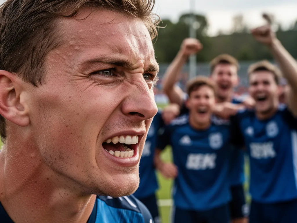 Athlete's determined expression during competition with celebrating teammates visible in soft-focused background