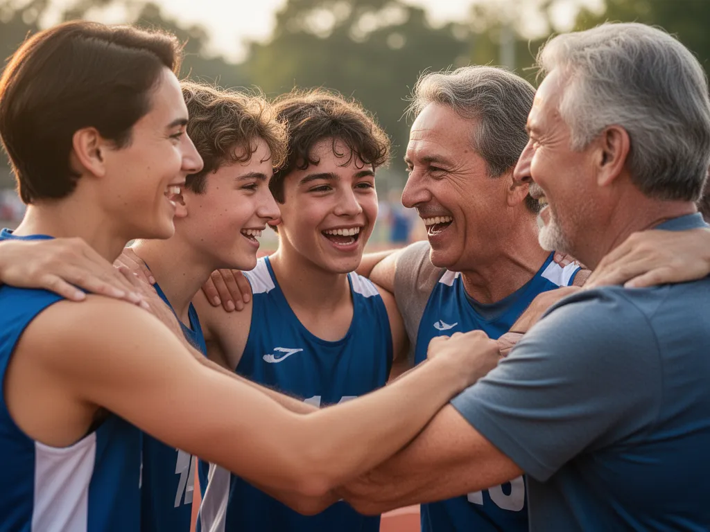Young athletes and parents celebrating together outdoors with genuine smiles and team camaraderie