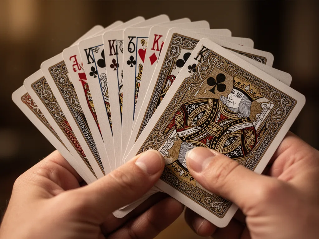 Close-up of beautifully fanned playing cards showing detailed suit designs and card patterns