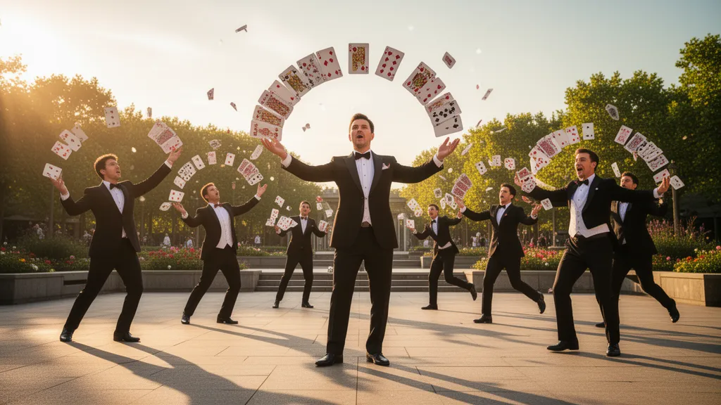 Professional card performers executing synchronized tricks with playing cards suspended in mid-air during outdoor performance.