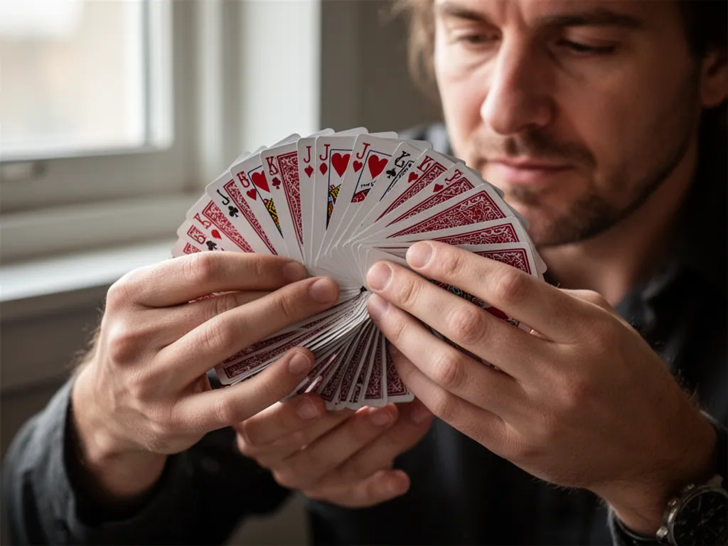 Skilled hands performing detailed playing card manipulation with intense focus and precision in natural lighting.