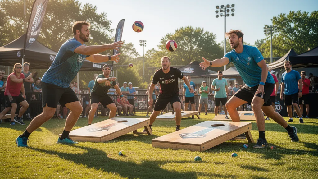 Competitive cornhole players in action during outdoor tournament with focused intensity and dynamic movement