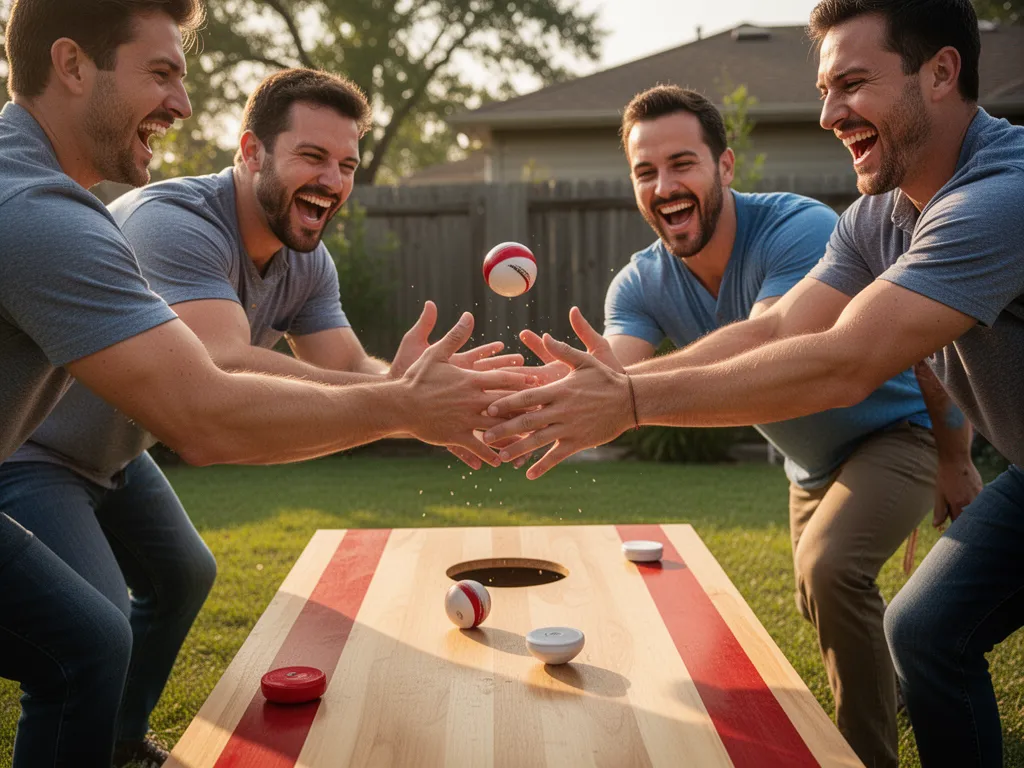 Players celebrating successful cornhole toss with genuine joy and team enthusiasm outdoors