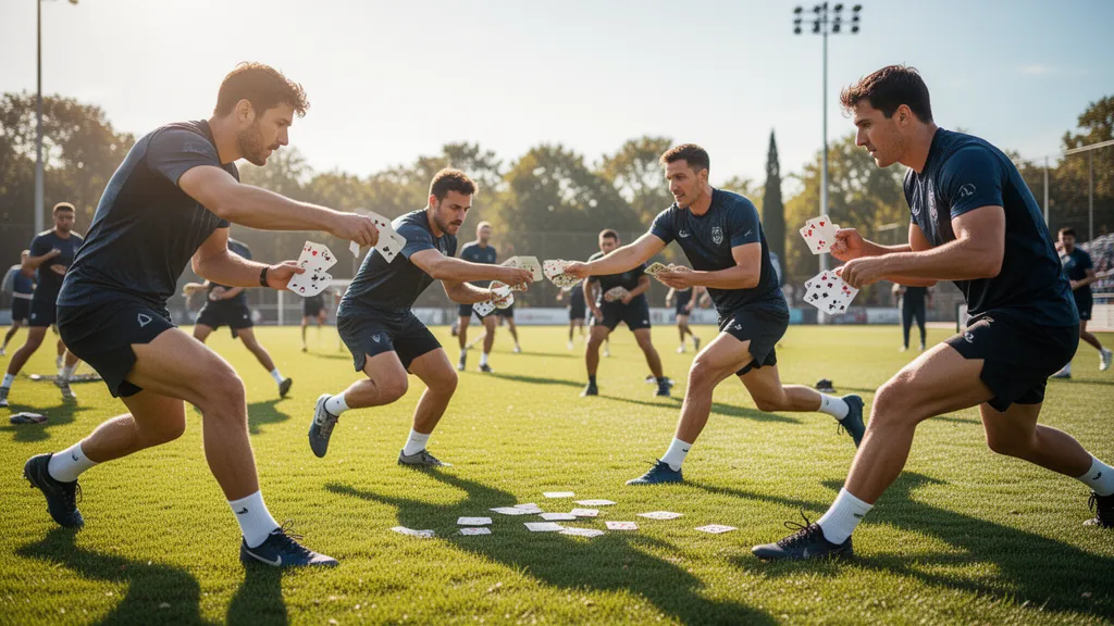 Multiple athletes playing card games outdoors in competitive action under natural sunlight