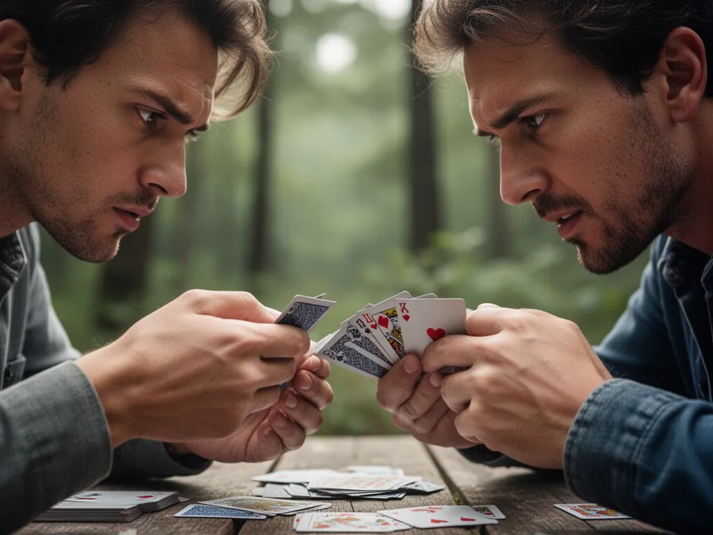 Intense close-up of card players' hands and focused expressions during competitive outdoor game