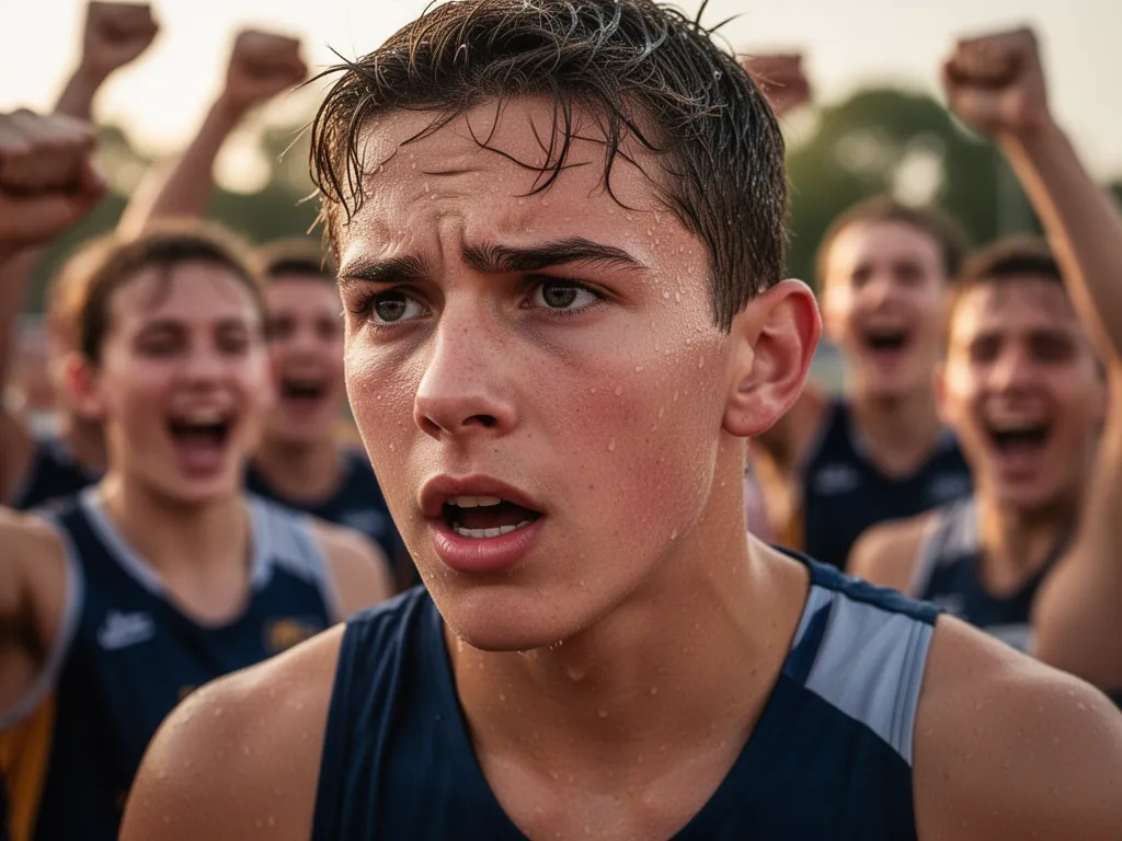 [Young athlete's determined expression during competition with teammates celebrating in background]