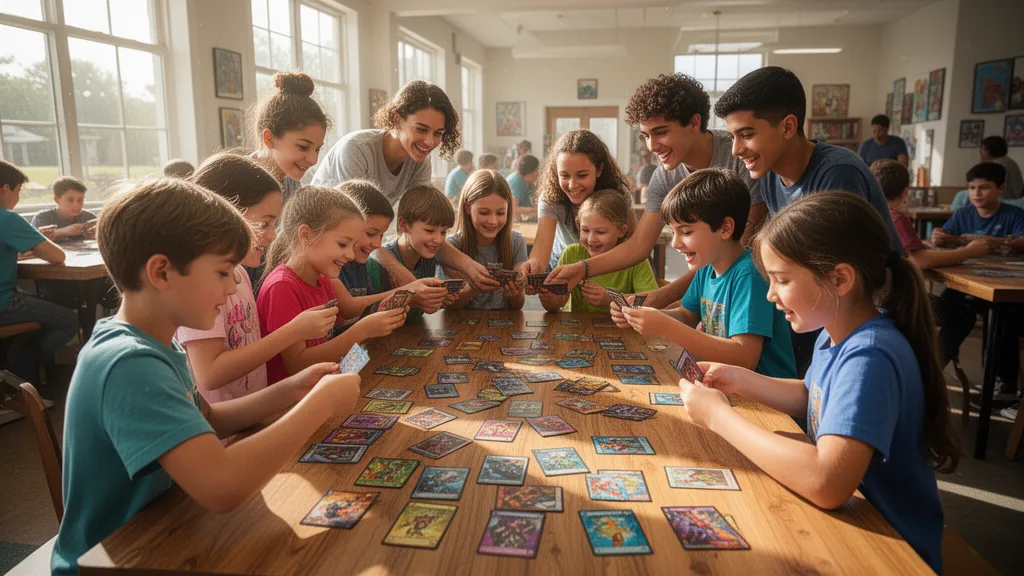 Young people trading and examining collectible cards at tables in a sunlit community center with dynamic energy